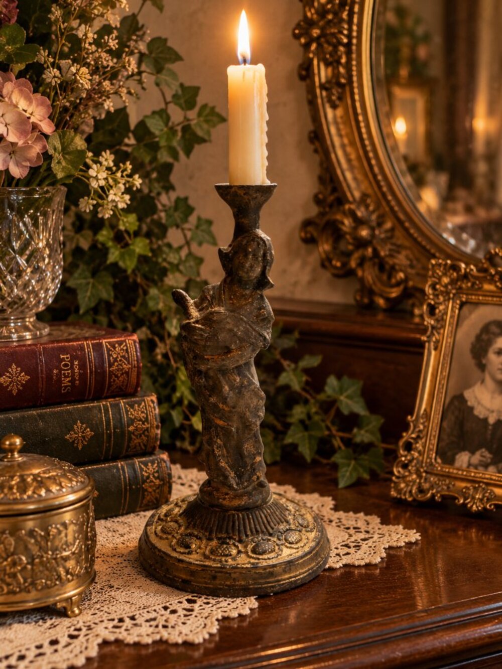 Vintage Victorian Spelter and Cast Iron Figural Candlestick Holder 9 in.